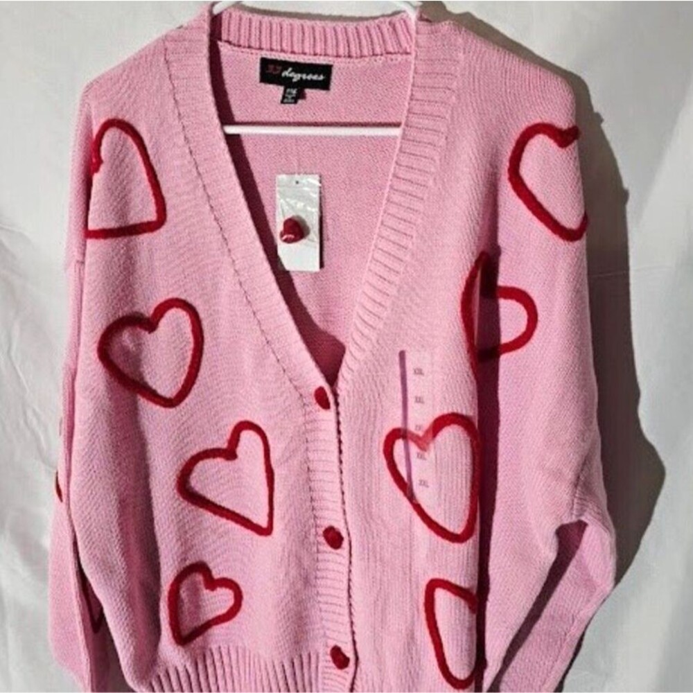 33 Degrees Pink Knit Cardigan with Red Heart Patterns XXL